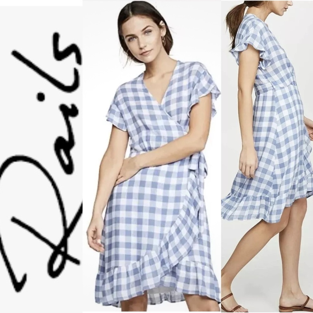 Rails Brigitte Blue/White Check Plaid Ruffle Wrap Dress xs